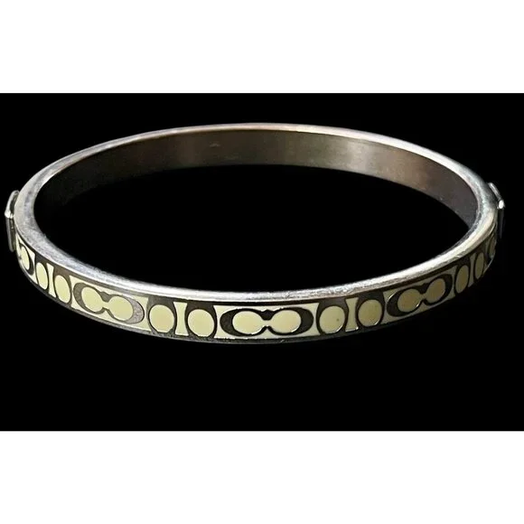 Authentic COACH Gold Tone Enamel Signature C Logo Bangle Bracelet Ivory 7” EUC - Picture 2 of 10